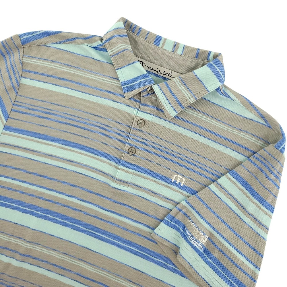 TravisMathew Polo Shirt Mens M Beige Stripe Champions Run Golf Performance Top